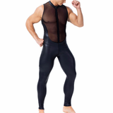 Men's PU Leather and Mesh Patchwork Jumpsuit / Sexy Male Black Zipper Sleeveless Bodysuits - EVE's SECRETS