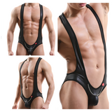 Men's PU Leather Open Butt Bodysuit / Male Chain Bulge Pouch Sexy Bodybuilding Jumpsuit - EVE's SECRETS