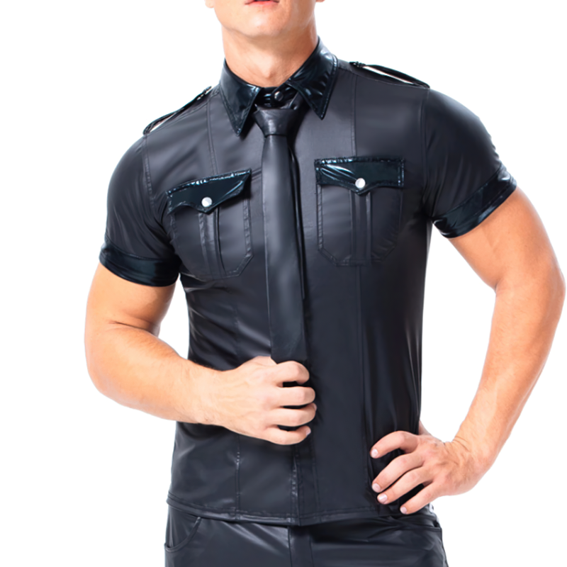 Men's PU Leather Short Sleeve Police Outfit / Button Down Policeman Uniform Clubwear Shirt - EVE's SECRETS