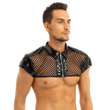 Men's See Through Fishnet Half Top / Patent Leather Splice Shoulder Wetlook Clubwear