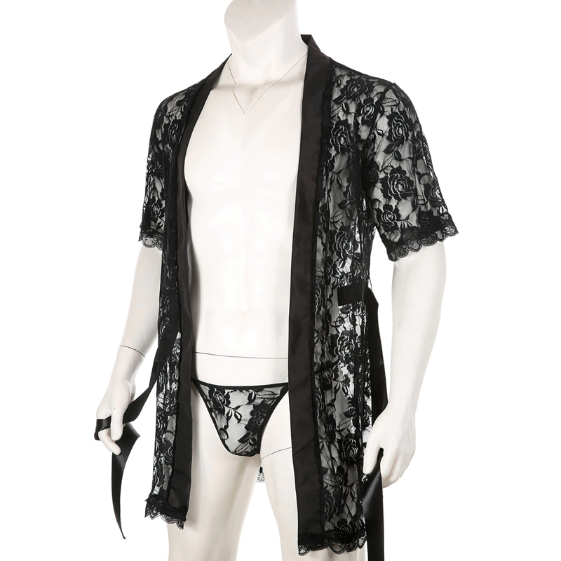 Men's See-Through Lace Night Robe / Half Sleeve Bathrobe / Male Loungewear - EVE's SECRETS