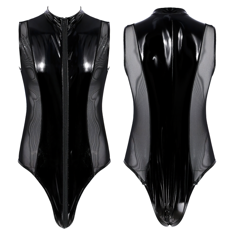 Men's See Through Mesh Bodycon Romper / PU Leather Metallic Double Zipper Sleeveless Catsuit - EVE's SECRETS