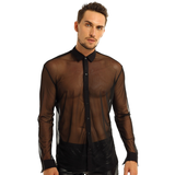 Men's See-through Mesh Shirt with Turn-down Collar and Long Sleeves / Sexy Outfits for Men