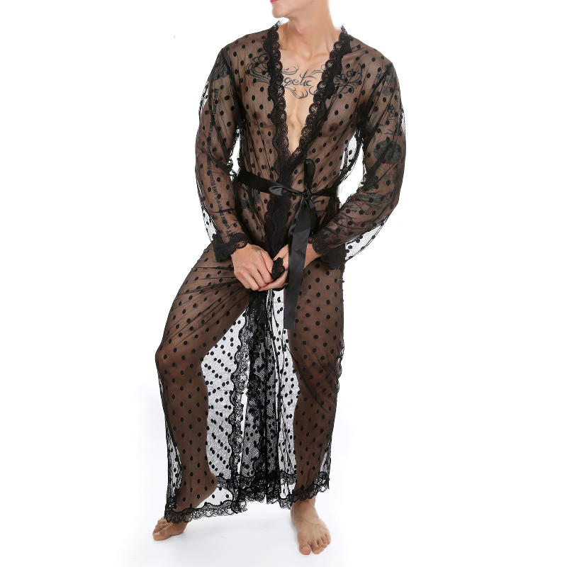 Men's See-Through Nightwear Mesh Lingerie / Lace Trim Night-Gown G-String Sleepwear - EVE's SECRETS