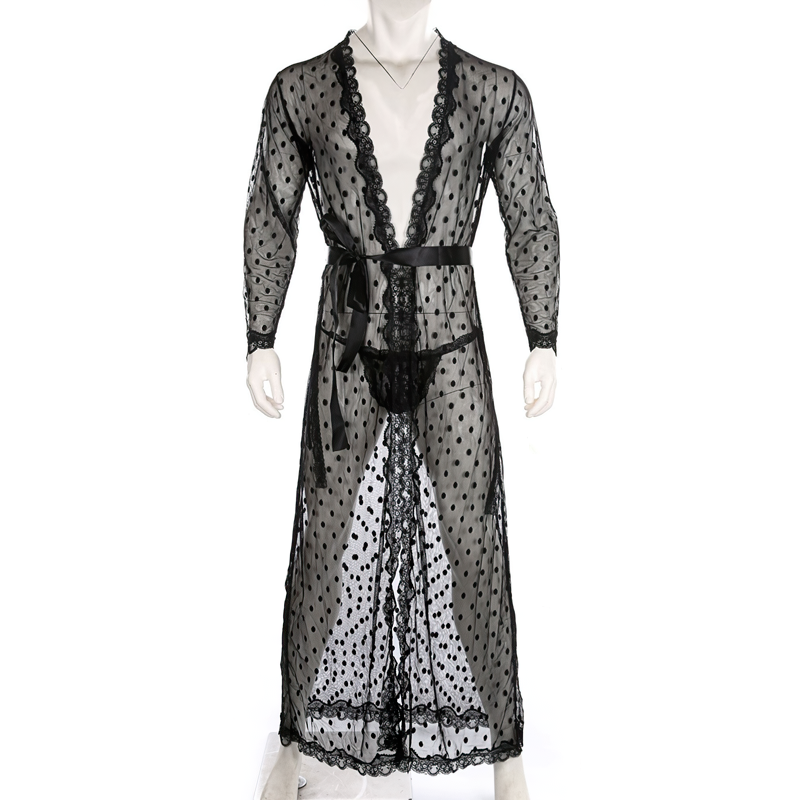 Men's See-Through Nightwear Mesh Lingerie / Lace Trim Night-Gown G-String Sleepwear - EVE's SECRETS