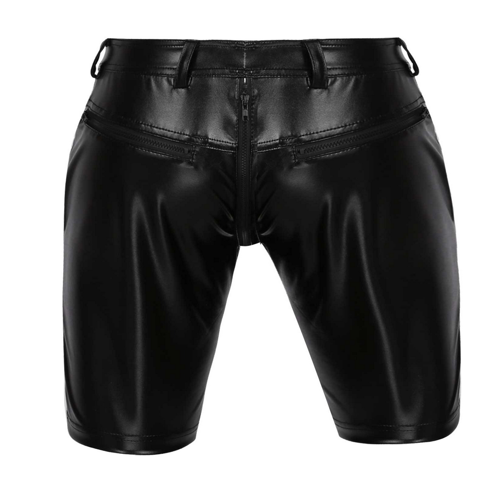 Men's Sexy Black PU Leather Skinny Shorts / Fashion Front Full Zipper Shorts with Buttons Snap - EVE's SECRETS