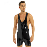 Sexy schwarzer Leder-Catsuit im Wet-Look für Herren / ärmelloser, tiefer U-Ausschnitt, erotischer Body mit Reißverschluss im Schritt 