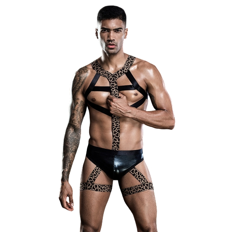 Men's Sexy Briefs with Elastic Body Harness / BDSM Underwear with Leopard Pattern - EVE's SECRETS