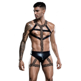 Sexy Herren-Slip mit elastischem Körpergeschirr / BDSM-Unterwäsche mit Leopardenmuster 