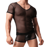 Set aus sexy Mesh-T-Shirt und Boxershorts mit niedrigem Bund für Herren / schwarze, transparente Unterwäsche für Herren 