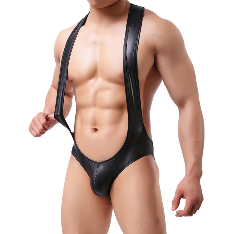 Men's Sexy PU Leather Open Butt Bodysuit / Male Wrestling Suspender Jumpsuit Underwear - EVE's SECRETS