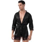 Men's Sexy Satin Robe with Belt and Lace Elements / Male Half Sleeve Dressing Gown