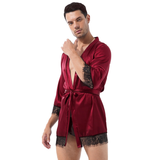 Men's Sexy Satin Robe with Belt and Lace Elements / Male Half Sleeve Dressing Gown - EVE's SECRETS