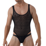 Sexy, durchsichtiger, ärmelloser Mesh-Body für Herren / Erotik-Unterwäsche mit hohem Schnitt und Rundhalsausschnitt 