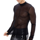 Men's Sheer Long Sleeve Top / Mesh Mock Neck T-Shirt / Male Sexy Outfits