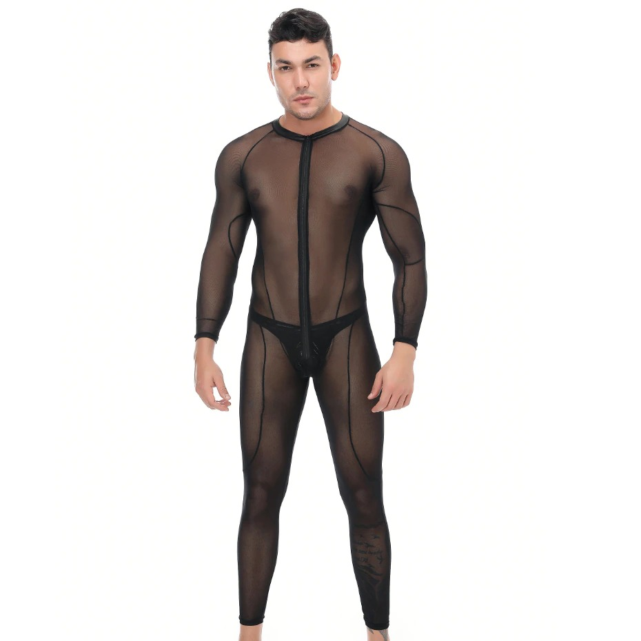 Men's Shiny PU Leather Catsuit in Black Color / Sexy Wet Look Clothing with Zipper & Open Crotch - EVE's SECRETS