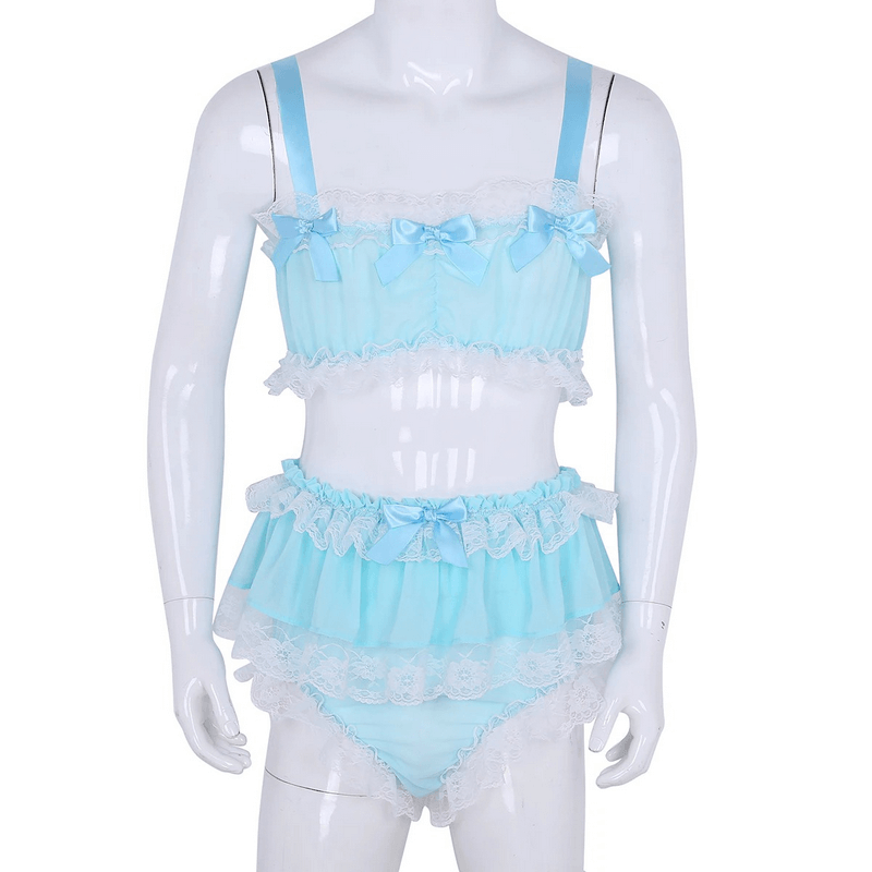 Men's Sissy Sleeveless Crop Top and Skirted Panties / Male Lace Trimming Lingerie - EVE's SECRETS