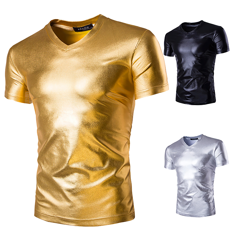 Men's V Neck Short Sleeve T-Shirts / Shiny Metallic Chic Solid Muscle Pollover T-Shirt - EVE's SECRETS