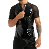 T-shirt à col rond en wetlook pour hommes avec manches courtes et demi-fermeture éclair à l'avant / Tenues sexy masculines 