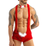 Men's Xmas Bodysuit with Bowtie / Racerback Red Leotard with Faux Feather / Sexy Clothing for Men - EVE's SECRETS