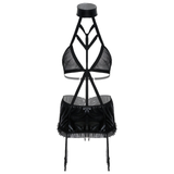 Patent Leather Erotic Women's Lingerie Set with Mini Skirt / See-through Mesh Bra - EVE's SECRETS