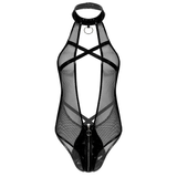 Patent Leather Ladies Bodysuit / Sexy Mesh High Cut Lingerie / Erotic Hollow Out Underwear - EVE's SECRETS