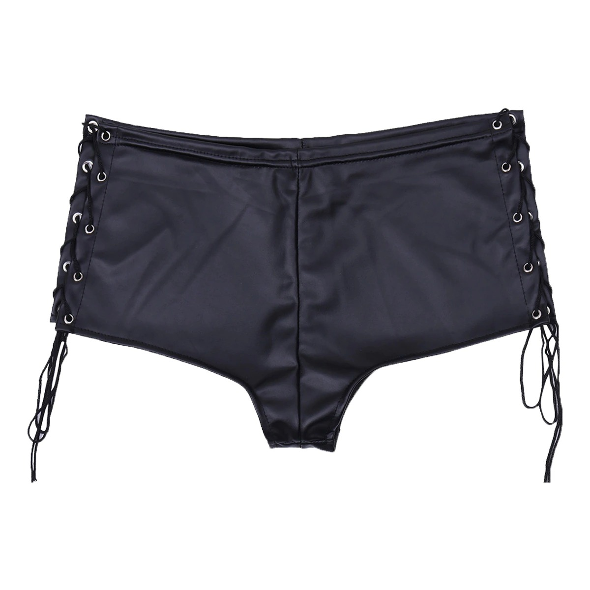 Patent Leather Ladies Panties with Lace Up / Sexy Black Hollow Out Side Briefs - EVE's SECRETS