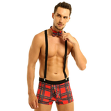 Plaid Pouch Boxer Briefs with Y-back Suspenders and Bowtie 3pcs Set / Men's Sexy Underwear