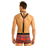 Plaid Pouch Boxer Briefs with Y-back Suspenders and Bowtie 3pcs Set / Men's Sexy Underwear - EVE's SECRETS