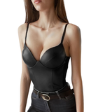 PU Leather Black Corset Bodysuit For Women / Spaghetti Strap Aesthetic Sexy Club Rompers - EVE's SECRETS