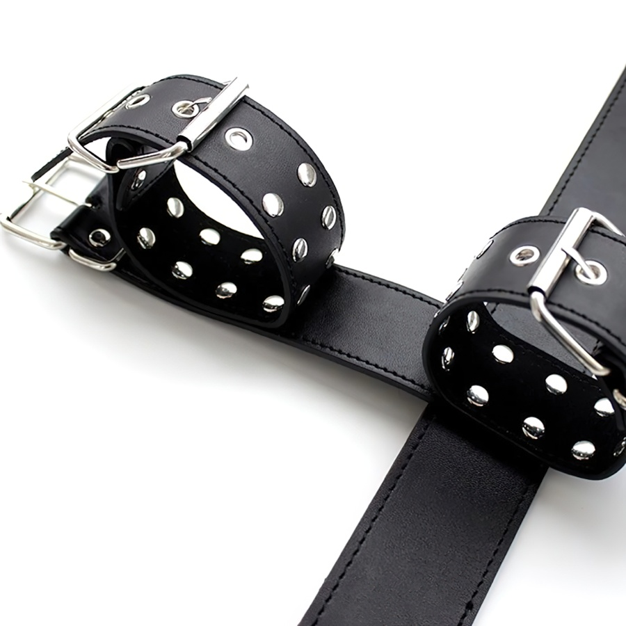 PU Leather Handcuffs With Belt And Сollar / Black Unisex BDSM Adjustable Asesoires - EVE's SECRETS
