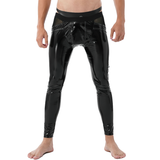 PU Leather Sexy Open Back Striped Male Pants / Low Waist Elastic Waistband Skinny Trousers