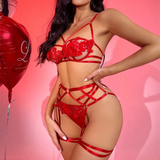 Red Lingerie Set with Flowers / Women's Sexy Bra / Female Erotic Mid-Waist G-Strings - EVE's SECRETS