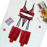 Red Women's Erotic Underwear with Leopard Print / Sexy Female Deep Neck Bras Sets - EVE's SECRETS