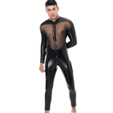 Sexy Black Faux Leather Bodysuit for Men / Male Front and Back Mesh Transperant Jumpsuit