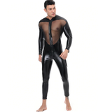 Sexy Black Faux Leather Bodysuit for Men / Male Front and Back Mesh Transperant Jumpsuit - EVE's SECRETS