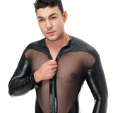 Sexy Black Faux Leather Bodysuit for Men / Male Front and Back Mesh Transperant Jumpsuit - EVE's SECRETS