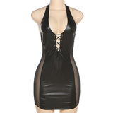 Sexy Black Mini Dress for Ladies / PU Leather Dress with Lace-Up Hollow Open Back - EVE's SECRETS