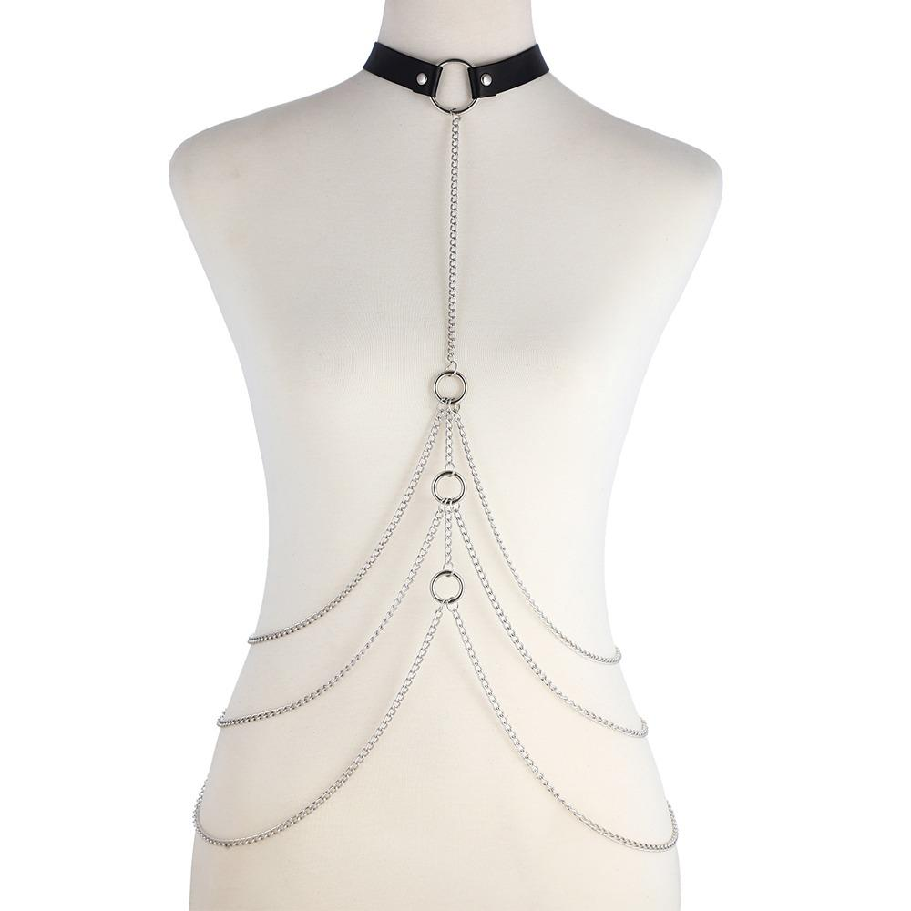 Sexy Body Harness With Metal Chain / Aluminum Jewellery With Faux Leather Collar - EVE's SECRETS