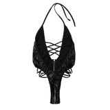 Sexy Bodysuit Backless with Zipper / Female Black Body Halter / Wet Look Lingerie - EVE's SECRETS