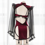Sexy Dark Red Women's Costume Witch / Erotic Lingerie Set with Hollow Sleeves - EVE's SECRETS
