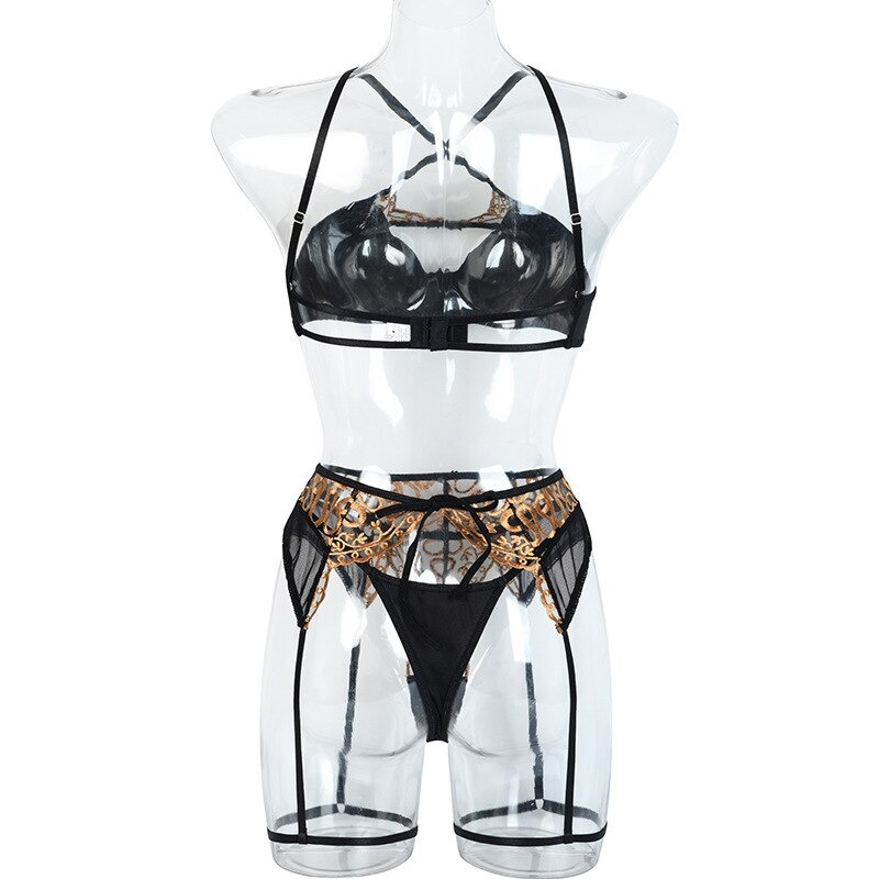 Sexy Female Black Lingerie with Gold Embroidery / Luxury Lace 3-Piece Sets for Women - EVE's SECRETS
