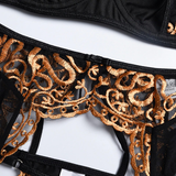 Sexy Female Black Lingerie with Gold Embroidery / Luxury Lace 3-Piece Sets for Women - EVE's SECRETS