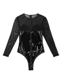 Sexy Female One-Piece Wetlook PU Leather Swimsuit / Round Neck Long Sleeves Bodysuit - EVE's SECRETS