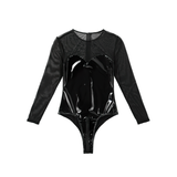 Sexy Female One-Piece Wetlook PU Leather Swimsuit / Round Neck Long Sleeves Bodysuit - EVE's SECRETS