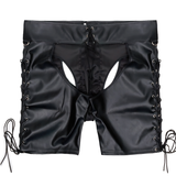 Sexy Gay PU Leather Lace Up Underwear / Open Butt Wetlook Bondage Shorts - EVE's SECRETS