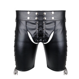 Sexy Gay PU Leather Lace Up Underwear / Open Butt Wetlook Bondage Shorts - EVE's SECRETS