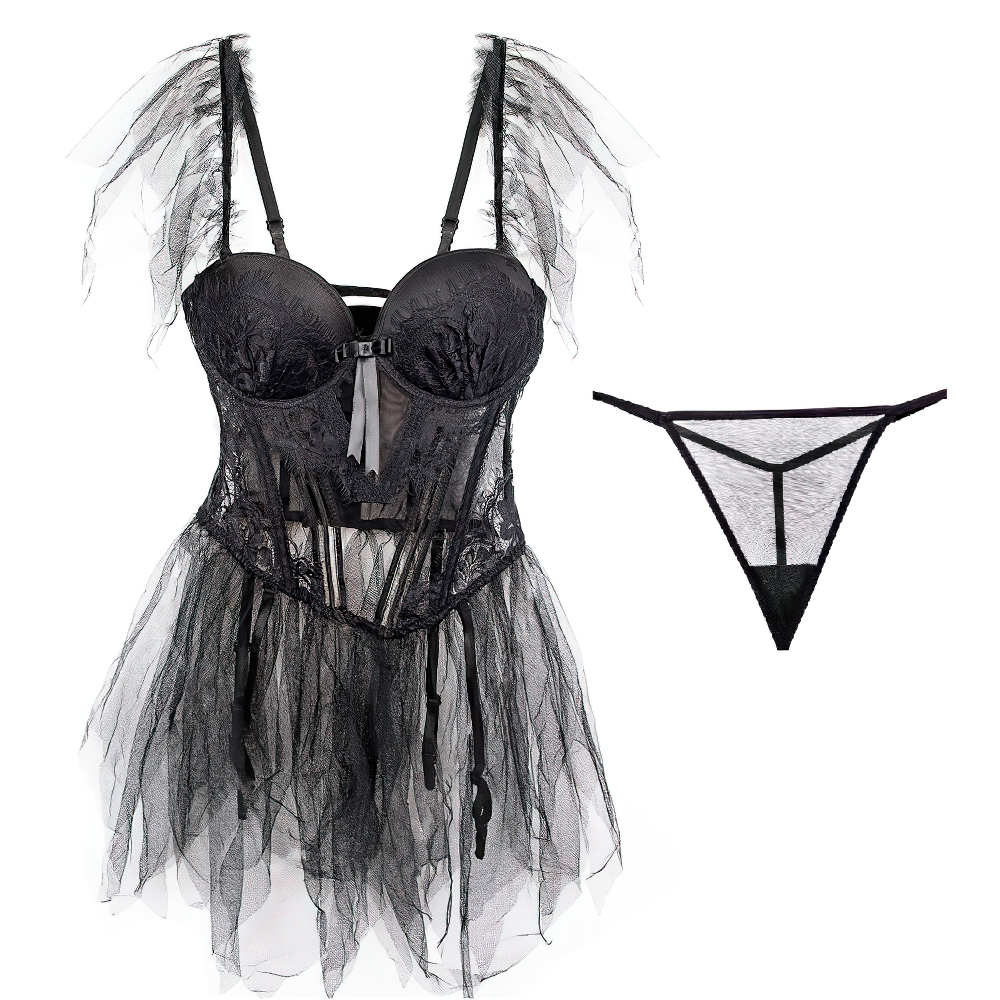Sexy Gothic Corset with Cup Girdle Set / Breathable Fabric Transparent Sleep Dress - EVE's SECRETS