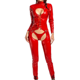 Sexy Lace-up Wet Look Bodysuit / Patent Leather Sexy Catsuit with High Neck and Open Butt - EVE's SECRETS