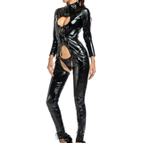 Sexy Lace-up Wet Look Bodysuit / Patent Leather Sexy Catsuit with High Neck and Open Butt